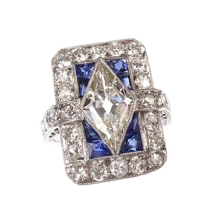 Art Deco diamond and sapphire oblong cluster ring